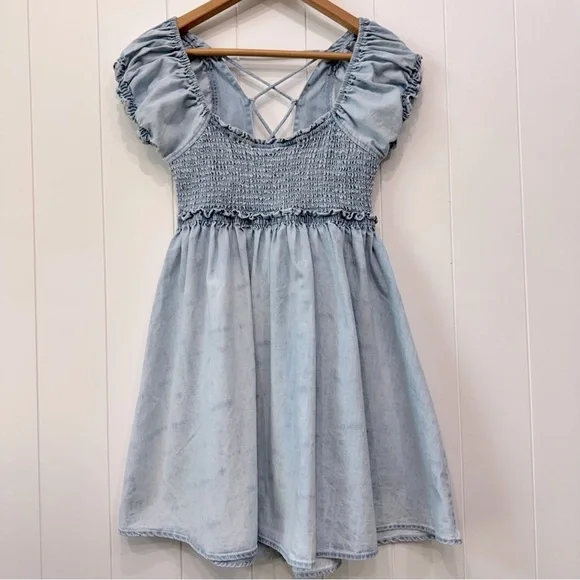 Free People Daphne Denim Babydoll Mini Dress Lace Up Back Size XS - Picture 1 of 13